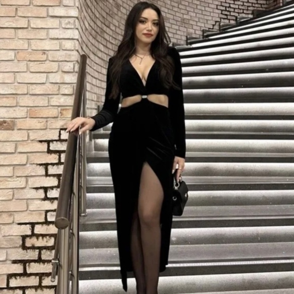 Zara * Cut Out Velvet Midi Black Dress Size M